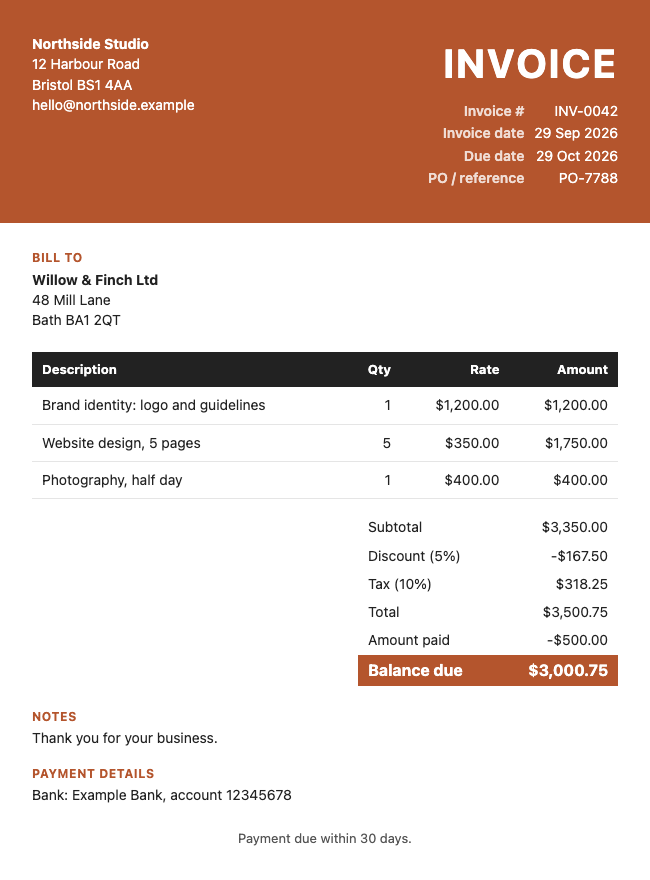 Bold invoice template example