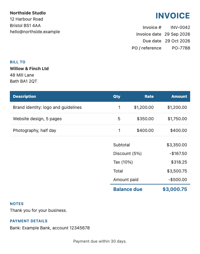 Classic invoice template example