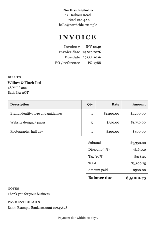Formal invoice template example