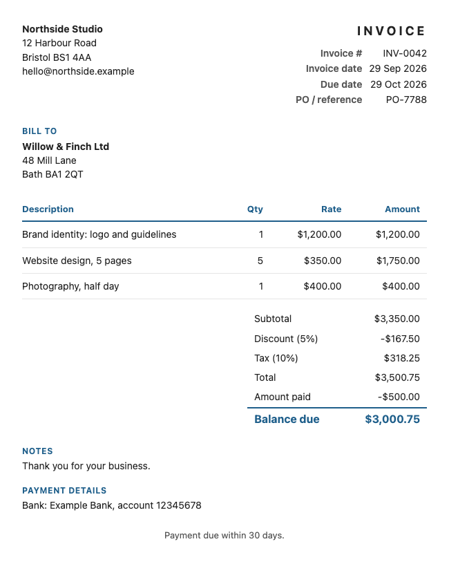 Minimal invoice template example