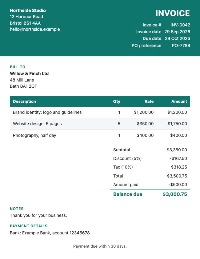 Modern invoice template example